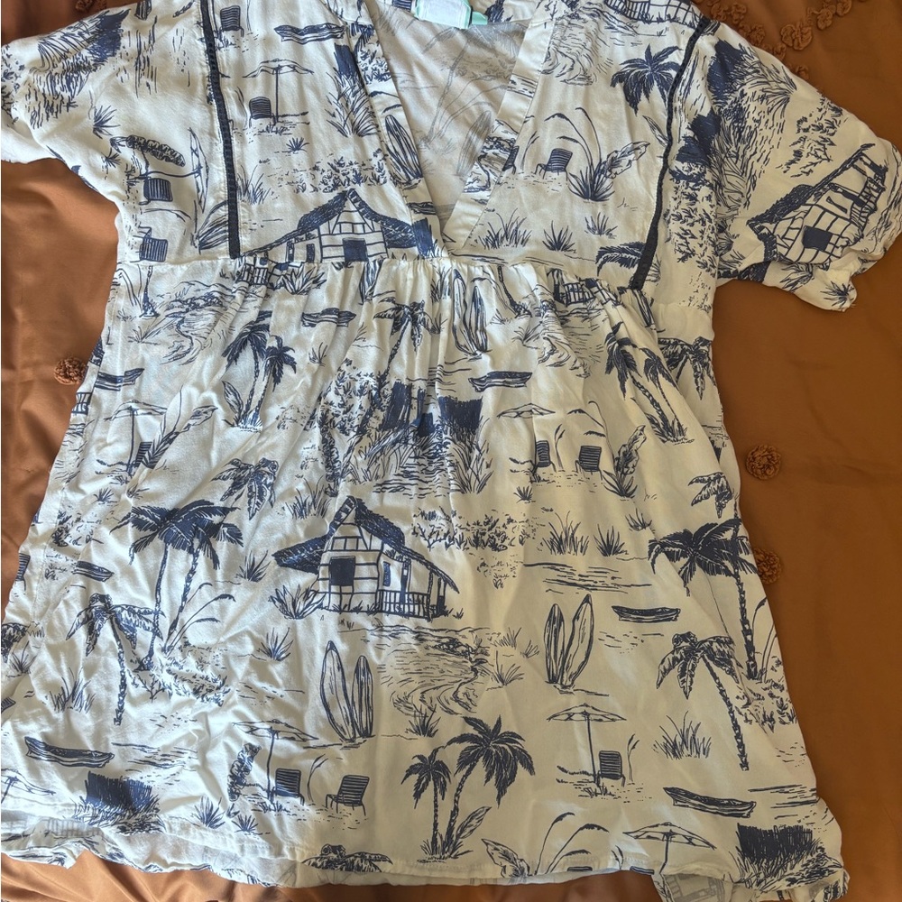 Blue and White Tropical Print Top